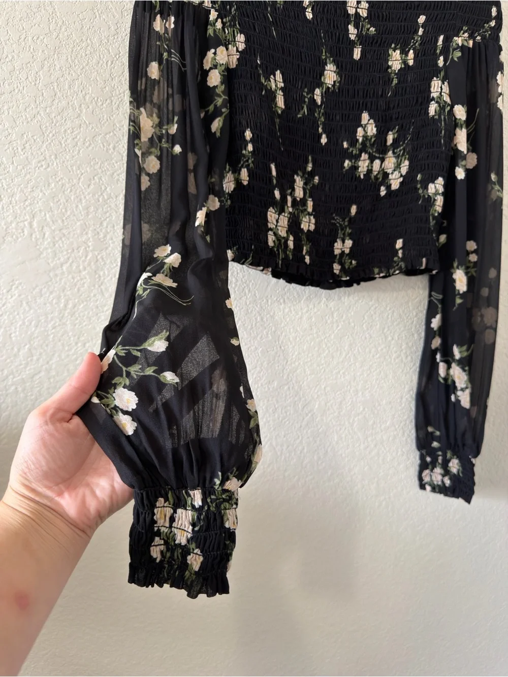 reformation sandy smocked floral long sleeve blouse